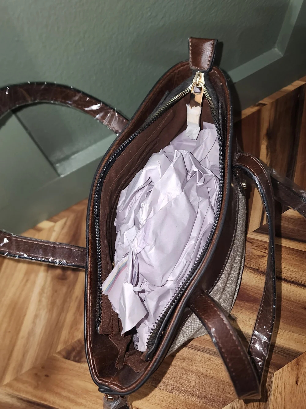 Neutral Beige and Brown Tote with Gold Accents - Women's Everyday Bag